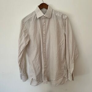 Ermenegildo Zegna Mens Tan White Check Long Sleeve Button Down Shirt 42 16.5
